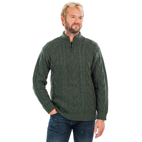 Alternate Image 2 for Irish Sweater | Merino Wool Aran Knit Zip Neck Fisherman Mens Sweater