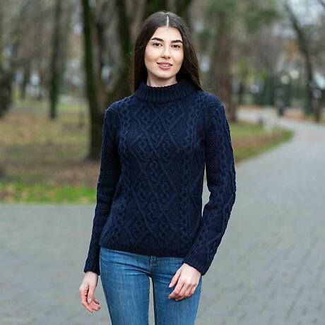 Alternate Image 3 for Irish Sweater | Aran Cable Knit Round Neck Ladies Sweater