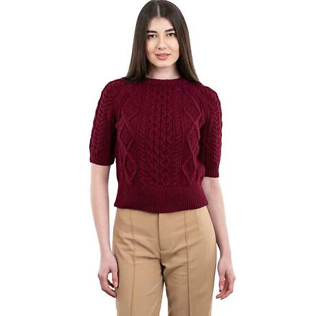 Alternate Image 2 for Irish Sweater | Ladies Cable Knit Short Sleeve Aran Sweater