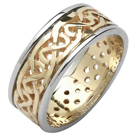 Irish Wedding Ring - Mens Celtic Knot Pierced Sheelin Wedding Band Yellow Gold with White Gold Rims