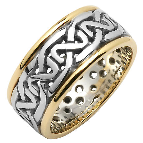 Product Image for Irish Wedding Ring - Mens Celtic Knot Pierced Sheelin Wedding Band with Yellow Gold Rims