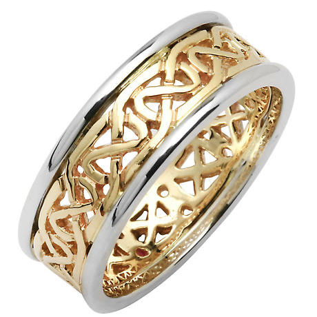 Irish Wedding Ring - Ladies Celtic Knot Narrow Pierced Sheelin Wedding Band Yellow Gold with White Gold Rims