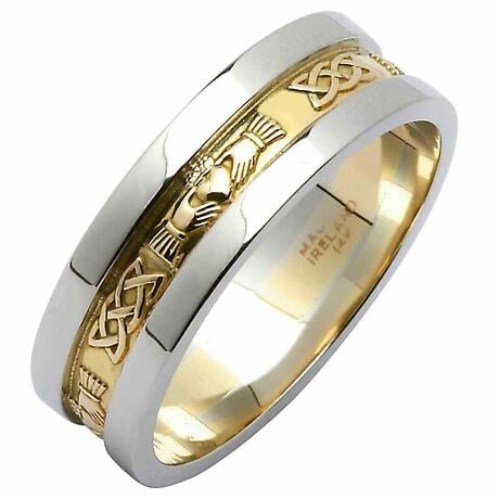 Irish Wedding Ring - Men's Yellow Gold With White Gold Rims Claddagh Wedding Band