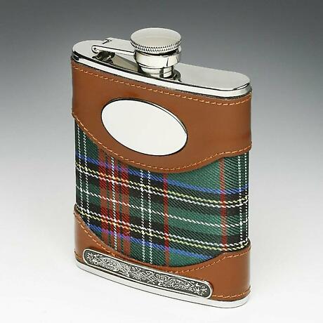 Irish Whiskey Flask Stainless Steel Personalized Tartan Leather Bound Celtic Pewter Detail