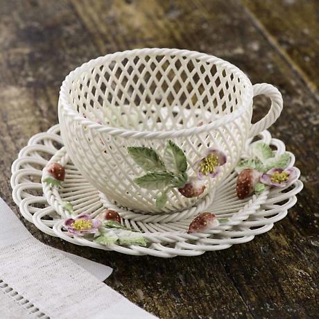 Alternate Image 1 for Belleek Pottery | Irish Summer Strawberry Cup & Saucer Basket