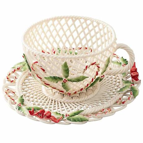 Belleek Pottery | Irish Winter Holly Cup & Saucer Christmas Basket