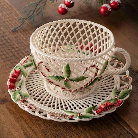 Alternate Image 1 for Belleek Pottery | Irish Winter Holly Cup & Saucer Christmas Basket