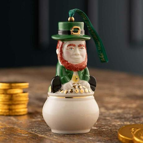 Alternate Image 1 for Irish Christmas | Belleek Leprechaun Pot of Gold Annual Hanging Ornament