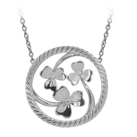 Irish Necklace | Rhodium Plated Sterling Silver Shamrock Round Pendant