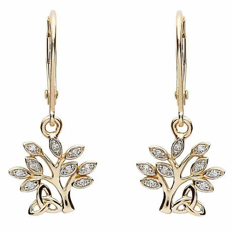 Irish Earrings | 14k  Gold Celtic Tree of Life Trinity Knot Diamond Drop Earrings 