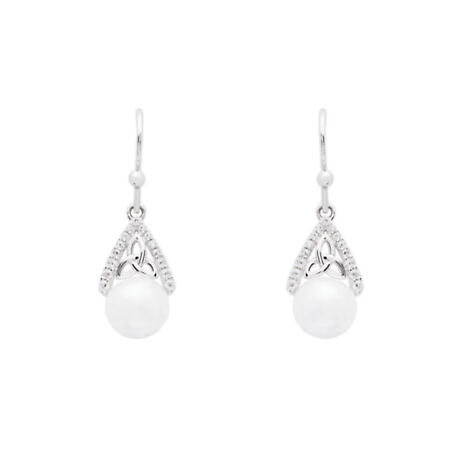 Product Image for Irish Earrings | Sterling Silver CZ Trinity Knot Pearl Earrings