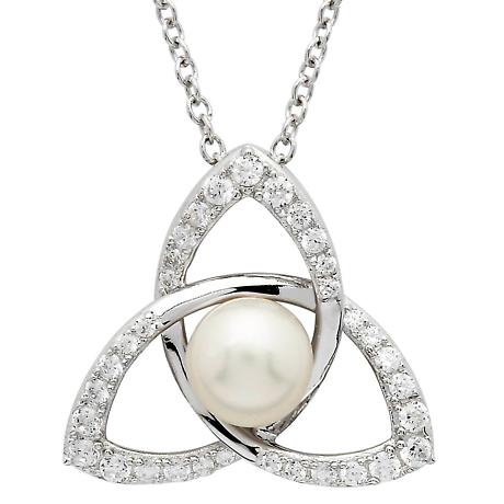 Irish Necklace | Sterling Silver Trinity Knot Crystal & Pearl Pendant