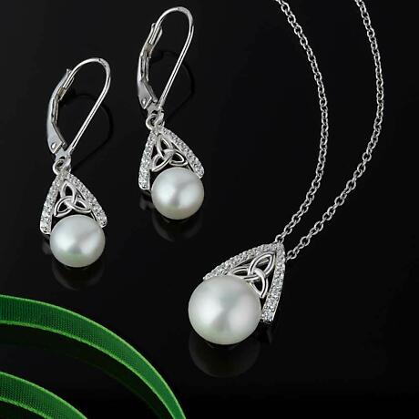 Alternate Image 2 for Irish Necklace | Sterling Silver CZ Trinity Knot Pearl Pendant