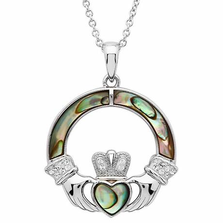 Irish Necklace | Sterling Silver Swarovski Crystal & Abalone Claddagh Pendant