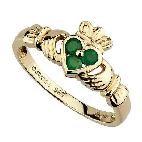 Claddagh Ring - Ladies 14k Yellow Gold with 3 Emerald Heart Claddagh