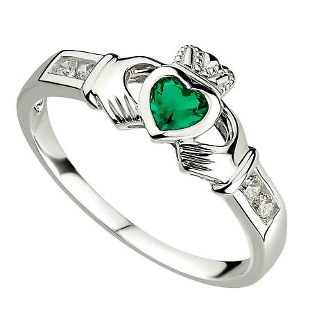 Claddagh Ring - Ladies Sterling Silver and Emerald Heart Claddagh