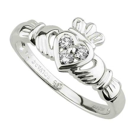 Claddagh Ring - Ladies 14k White Gold and 3 Diamond Heart Claddagh