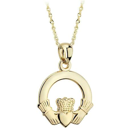 Irish Necklace - 14k Yellow Gold Claddagh Pendant with Chain - Large