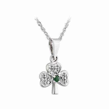Product Image for Irish Necklace | 14k White Gold Diamond & Emerald Dainty Shamrock Pendant