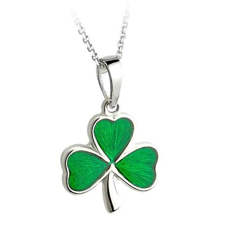 Irish Necklace - Sterling Silver and Green Enamel Shamrock Pendant with Chain