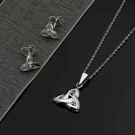 Alternate Image 2 for Irish Necklace - 14k White Gold Trinity Knot with Emeralds Pendant with Chain