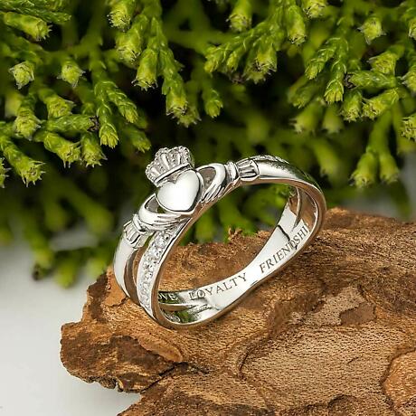 Alternate Image 1 for Irish Rings | Sterling Silver Ladies Crystal Crossover Claddagh Ring