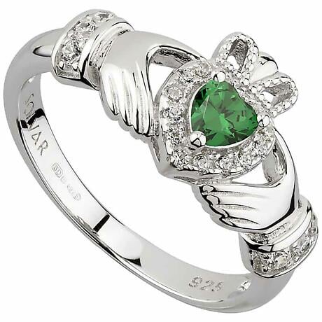 Irish Rings | Sterling Silver Ladies Green Crystal Heart Claddagh Ring
