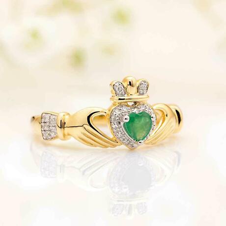 Alternate Image 1 for Irish Rings | 14k Gold Emerald & Diamond Ladies Claddagh Ring