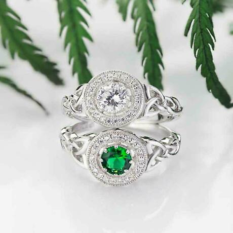 Alternate Image 1 for Irish Ring | Sterling Silver Green Crystal Cluster Halo Trinity Knot Ring