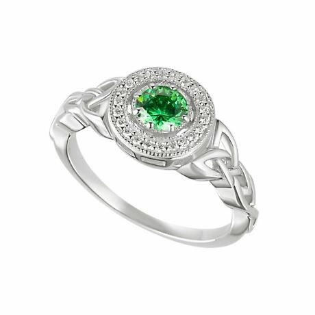 Product Image for Irish Ring | Sterling Silver Green Crystal Cluster Halo Trinity Knot Ring
