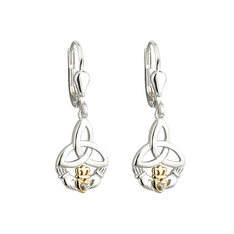 Product Image for Irish Earrings | Diamond Sterling Silver and 10k Yellow Gold Drop Celtic Trinity Knot Claddagh Earrings
