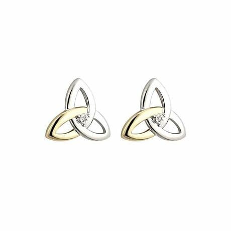 Product Image for Irish Earrings | Diamond Sterling Silver and 10k Yellow Gold Stud Celtic Trinity Knot Earrings