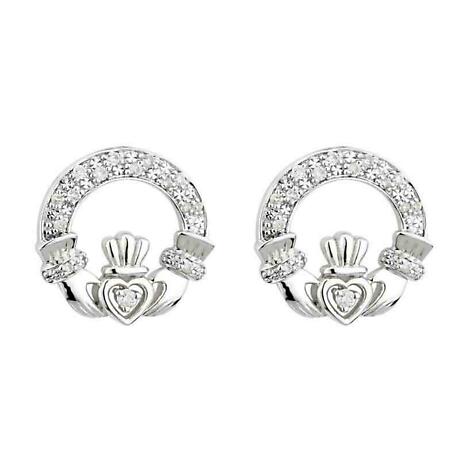 Irish Earrings - 14k White Gold Diamond Claddagh Earrings