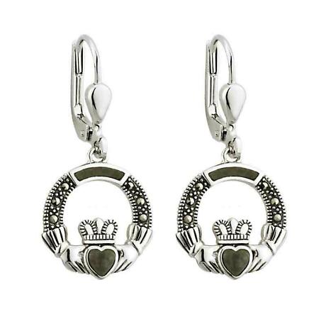 Product Image for Claddagh Earrings - Sterling Silver Marcasite & Connemara Marble Claddagh Drop Earrings