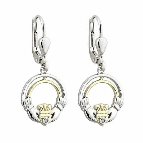 Irish Earrings | Diamond Sterling Silver and 10k Yellow Gold Open Drop Claddagh Earrings