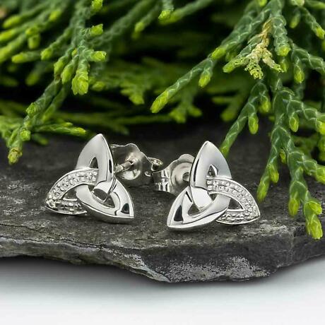 Alternate Image 1 for Celtic Earrings | 14k White Gold Diamond Trinity Knot Stud Irish Earrings