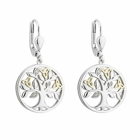 Product Image for Irish Earrings | Diamond Sterling Silver and 10k Yellow Gold Drop Celtic Tree of Life Earrings