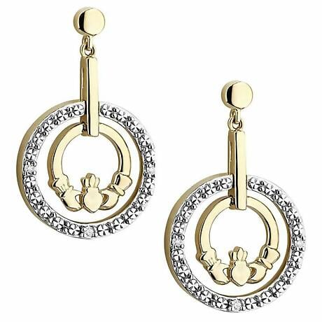 Irish Earrings | 14k Gold Diamond Circle Claddagh Earrings