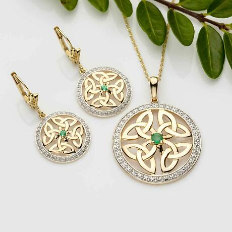 Alternate Image 1 for Irish Earrings | 14k Gold Emerald Trinity Knot Circle Celtic Earrings