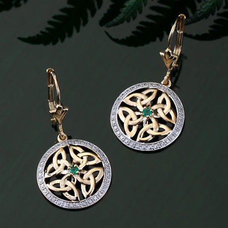 Alternate Image 2 for Irish Earrings | 14k Gold Emerald Trinity Knot Circle Celtic Earrings