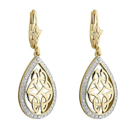 Irish Earrings | 10k Gold Diamond Trinity Celtic Knot Oval Drop Earrings
