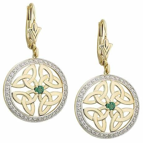 Irish Earrings | 10k Gold Diamond & Emerald Trinity Knot Celtic Earrings
