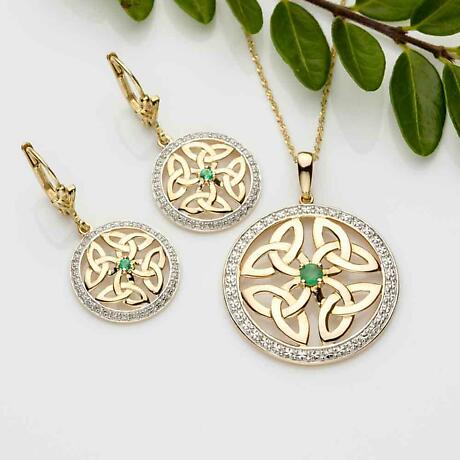 Alternate Image 1 for Irish Earrings | 10k Gold Diamond & Emerald Trinity Knot Celtic Earrings