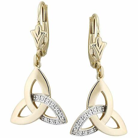 Irish Earrings | 10k Gold Diamond Trinity Knot Celtic Drop Earrings