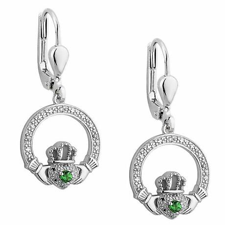 Irish Earrings | Sterling Silver Green Crystal Illusion Claddagh Earrings