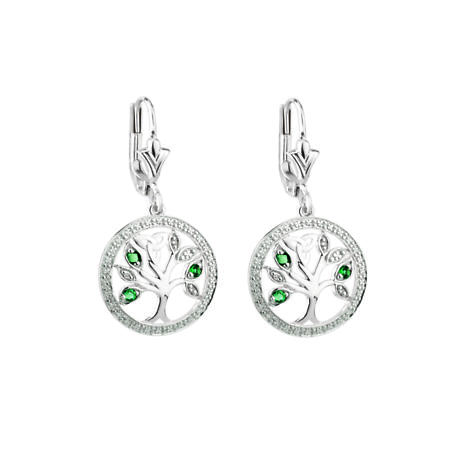 Irish Earrings | 14k White Gold Diamond & Emerald Celtic Tree of Life Earrings