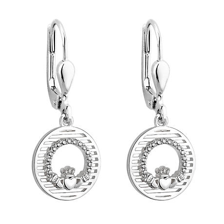 Irish Earrings | Sterling Silver Circle Drop Crystal Claddagh Earrings