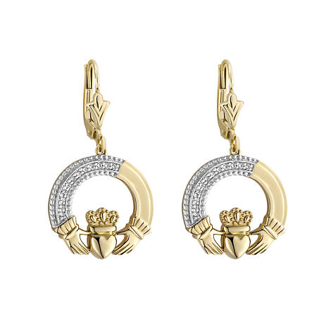 Irish Earrings | 14k Gold Diamond Drop Claddagh Earrings