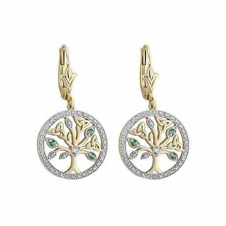 Product Image for Irish Earrings | 14k Gold Diamond and Emerald Celtic Tree of Life Trinity Knot Earrings