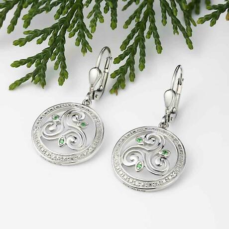 Alternate Image 1 for Irish Earrings | Sterling Silver Crystal Round Drop Celtic Spiral Triskele Earrings